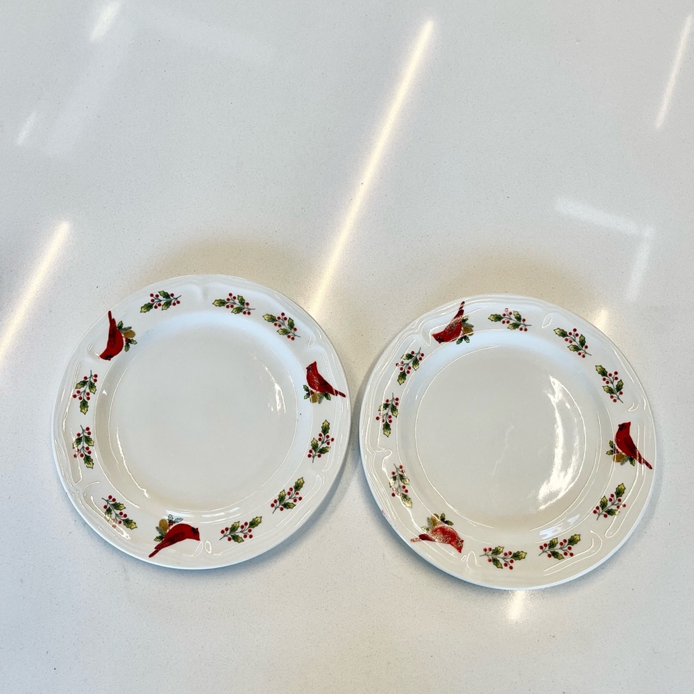 Set of 2 Gibson WINTER BIRDS Dinner plates stoneware 10 1/8" Cardinal Christmas.